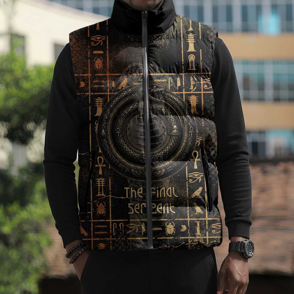 Atum Ancient Egyptian Sleeveless Puffer Jacket with Dark Hieroglyph Grid, Ouroboros Serpent Ring and The Final Serpent - African Pride
