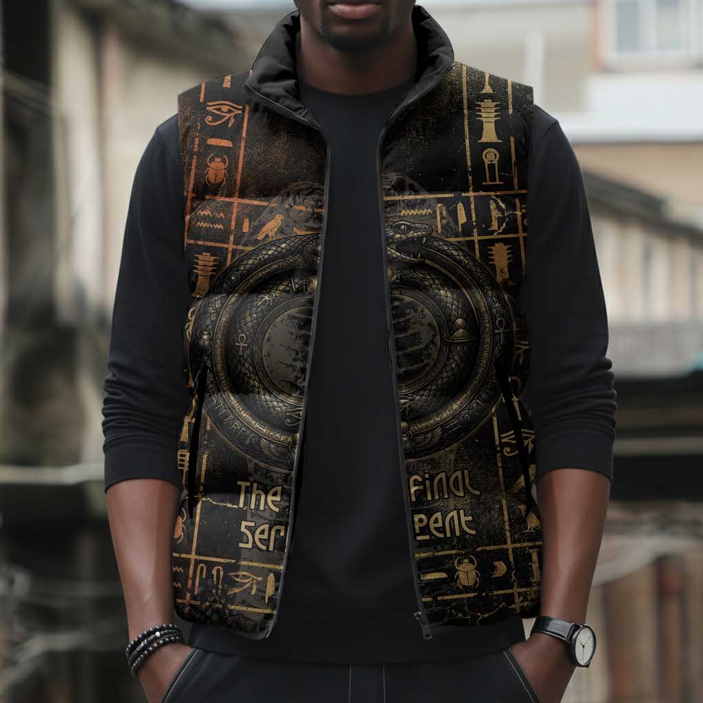 Atum Ancient Egyptian Sleeveless Puffer Jacket with Dark Hieroglyph Grid, Ouroboros Serpent Ring and The Final Serpent - African Pride