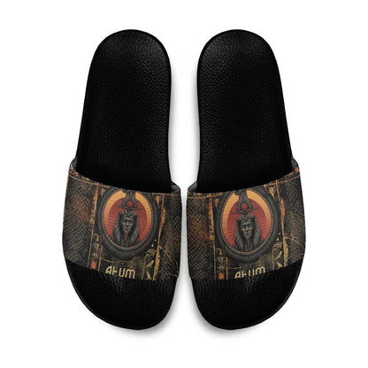 Atum Ancient Egyptian Slide Sandals with Dark Hieroglyph Grid, Ouroboros Serpent Ring and The Final Serpent - African Pride