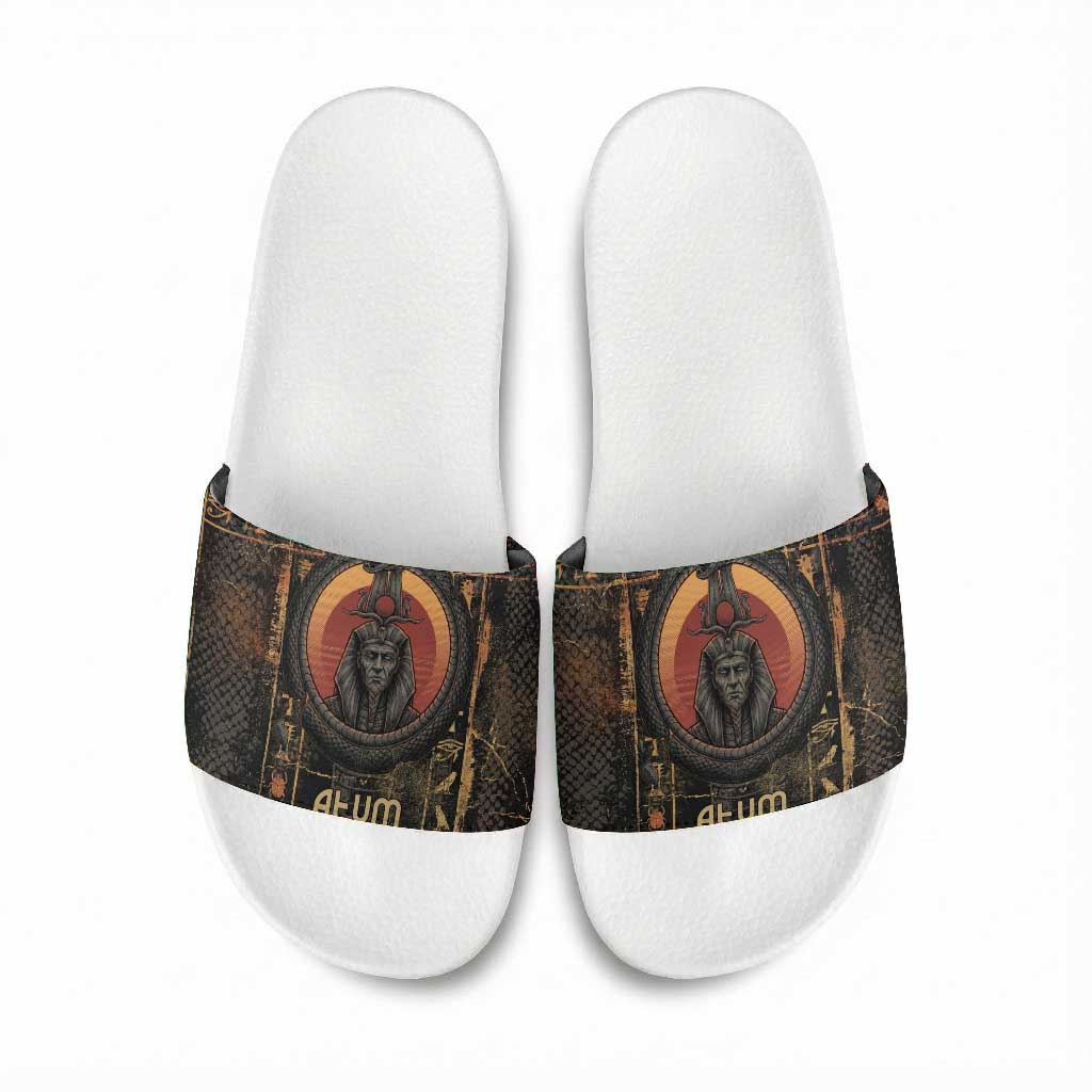 Atum Ancient Egyptian Slide Sandals with Dark Hieroglyph Grid, Ouroboros Serpent Ring and The Final Serpent - African Pride