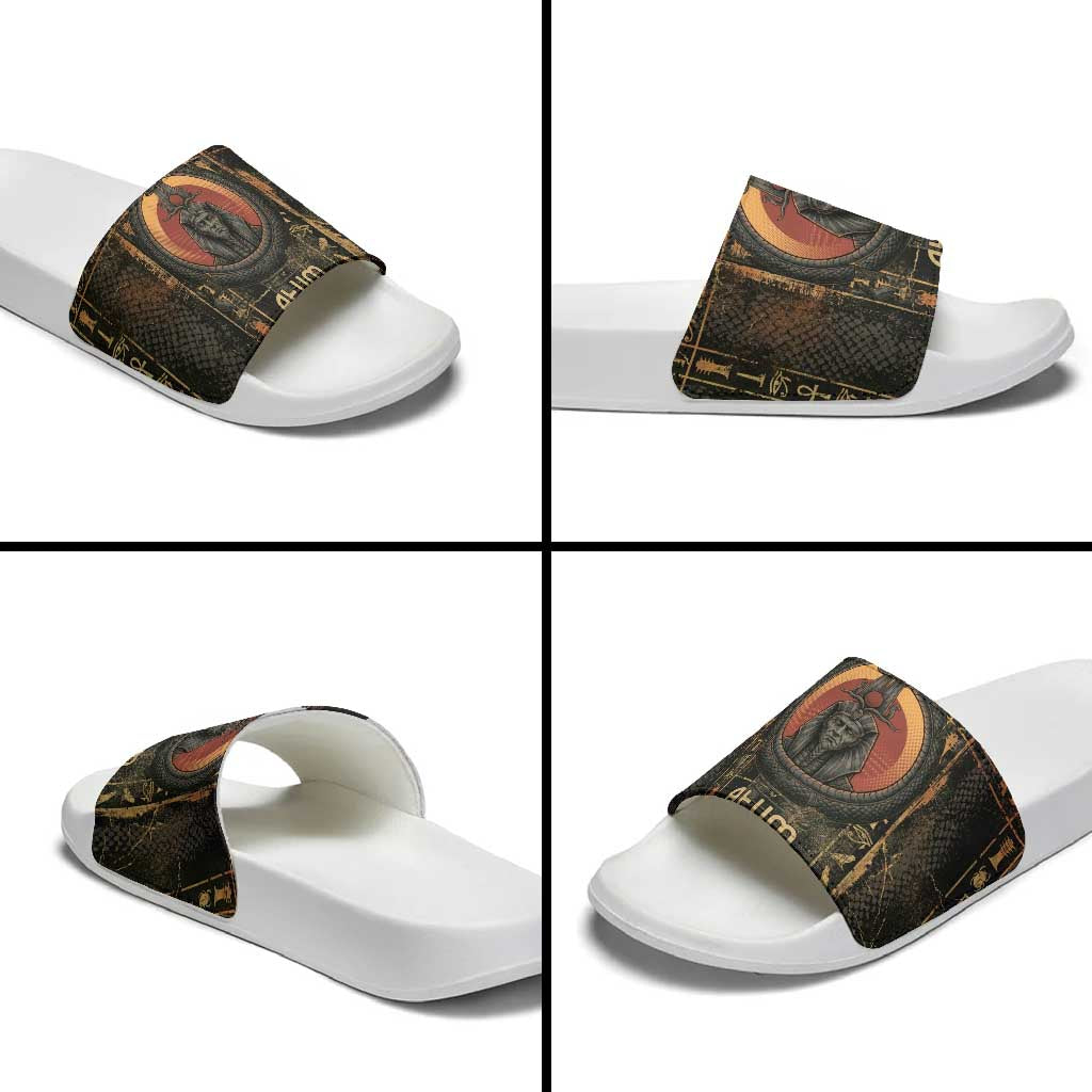 Atum Ancient Egyptian Slide Sandals with Dark Hieroglyph Grid, Ouroboros Serpent Ring and The Final Serpent - African Pride