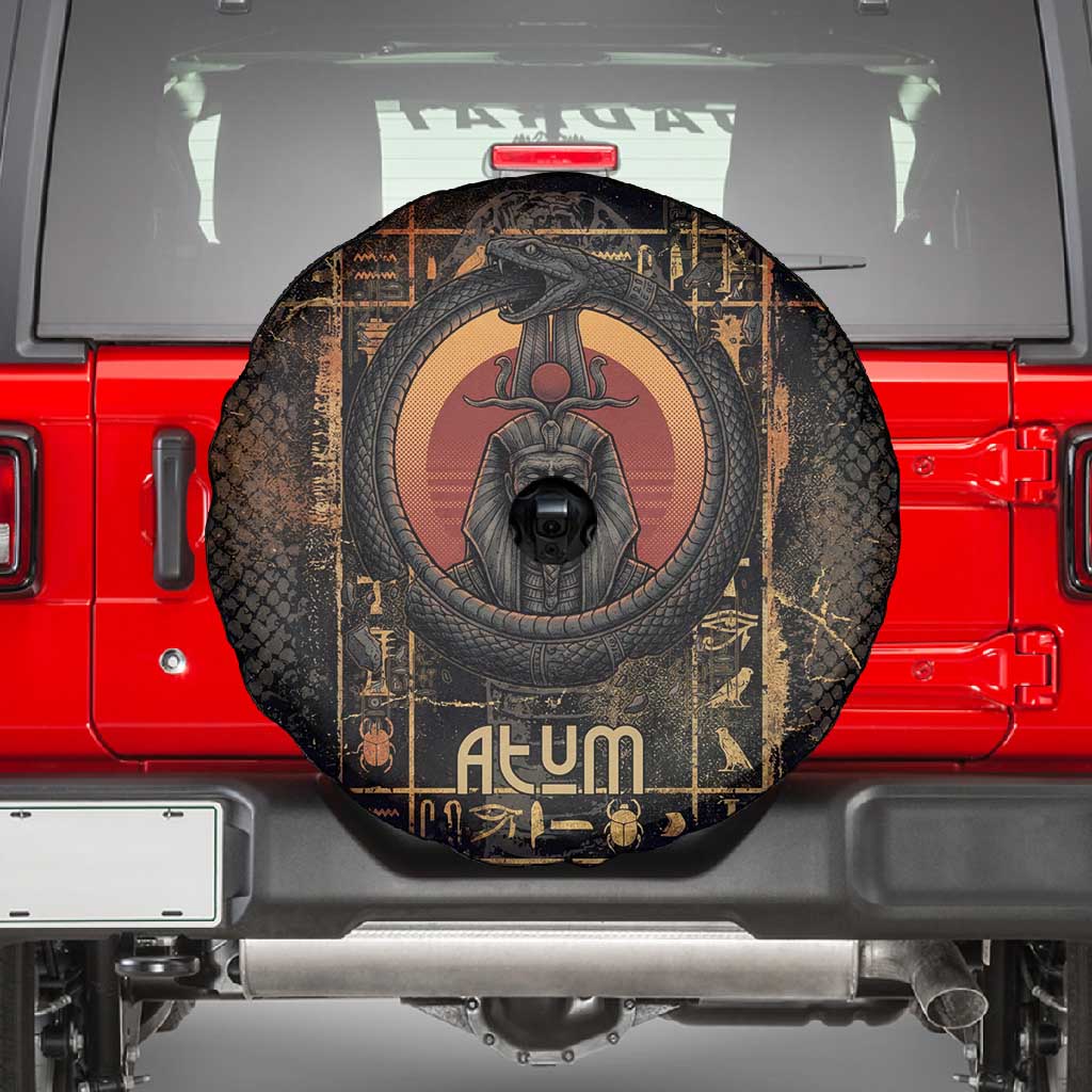 Atum Ancient Egyptian Spare Tire Cover with Dark Hieroglyph Grid, Ouroboros Serpent Ring and The Final Serpent - African Pride