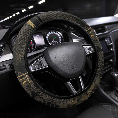 Atum Ancient Egyptian Steering Wheel Cover with Dark Hieroglyph Grid, Ouroboros Serpent Ring and The Final Serpent - African Pride