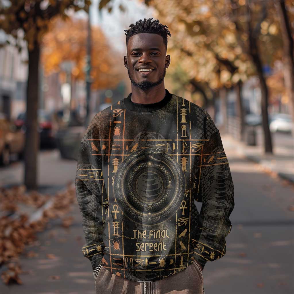 Atum Ancient Egyptian Sweatshirt with Dark Hieroglyph Grid, Ouroboros Serpent Ring and The Final Serpent - African Pride