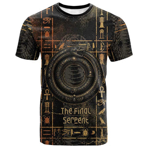 Atum Ancient Egyptian T shirt with Dark Hieroglyph Grid, Ouroboros Serpent Ring and The Final Serpent - African Pride