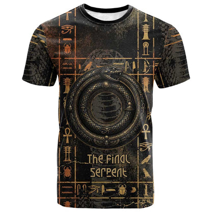 Atum Ancient Egyptian T shirt with Dark Hieroglyph Grid, Ouroboros Serpent Ring and The Final Serpent - African Pride