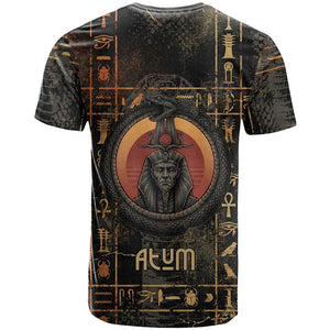 Atum Ancient Egyptian T shirt with Dark Hieroglyph Grid, Ouroboros Serpent Ring and The Final Serpent - African Pride