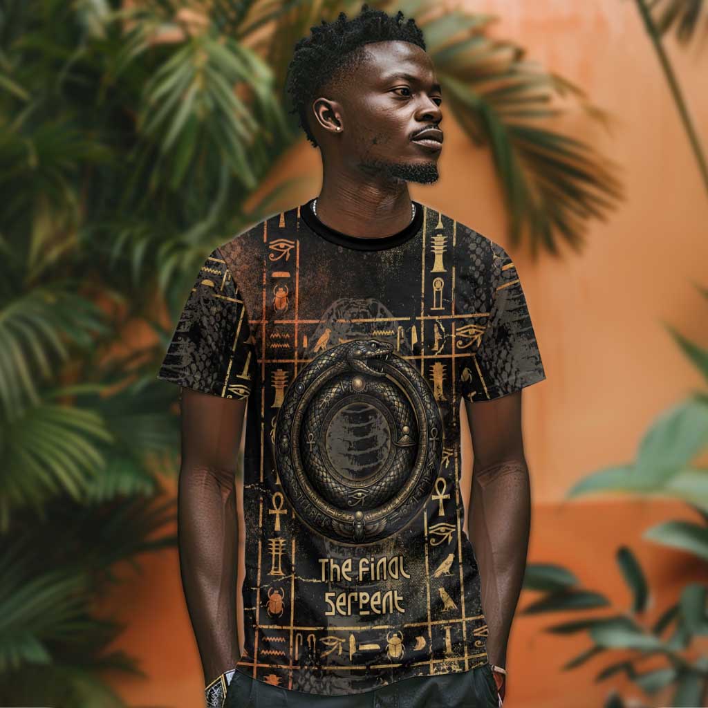 Atum Ancient Egyptian T shirt with Dark Hieroglyph Grid, Ouroboros Serpent Ring and The Final Serpent - African Pride