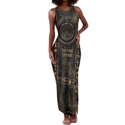 Atum Ancient Egyptian Tank Maxi Dress with Dark Hieroglyph Grid, Ouroboros Serpent Ring and The Final Serpent - African Pride