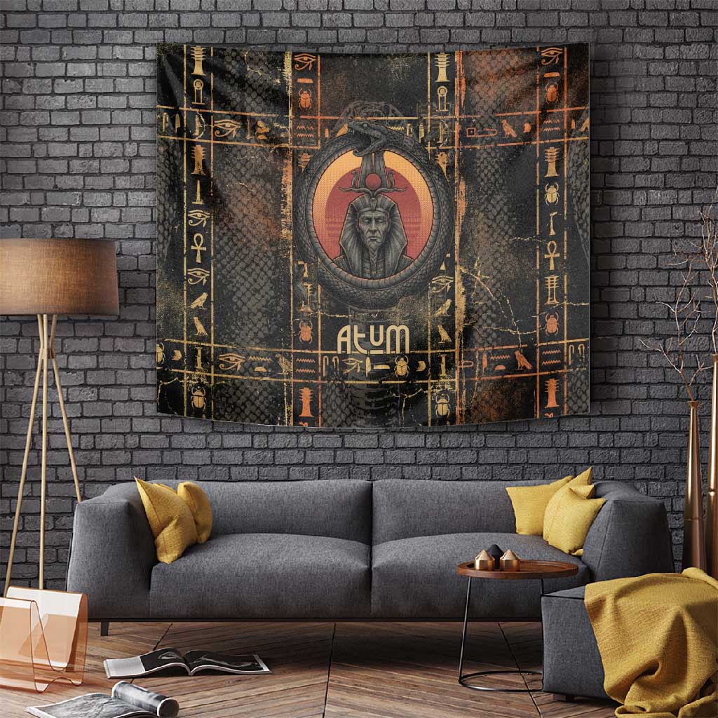 Atum Ancient Egyptian Tapestry with Dark Hieroglyph Grid, Ouroboros Serpent Ring and The Final Serpent - African Pride