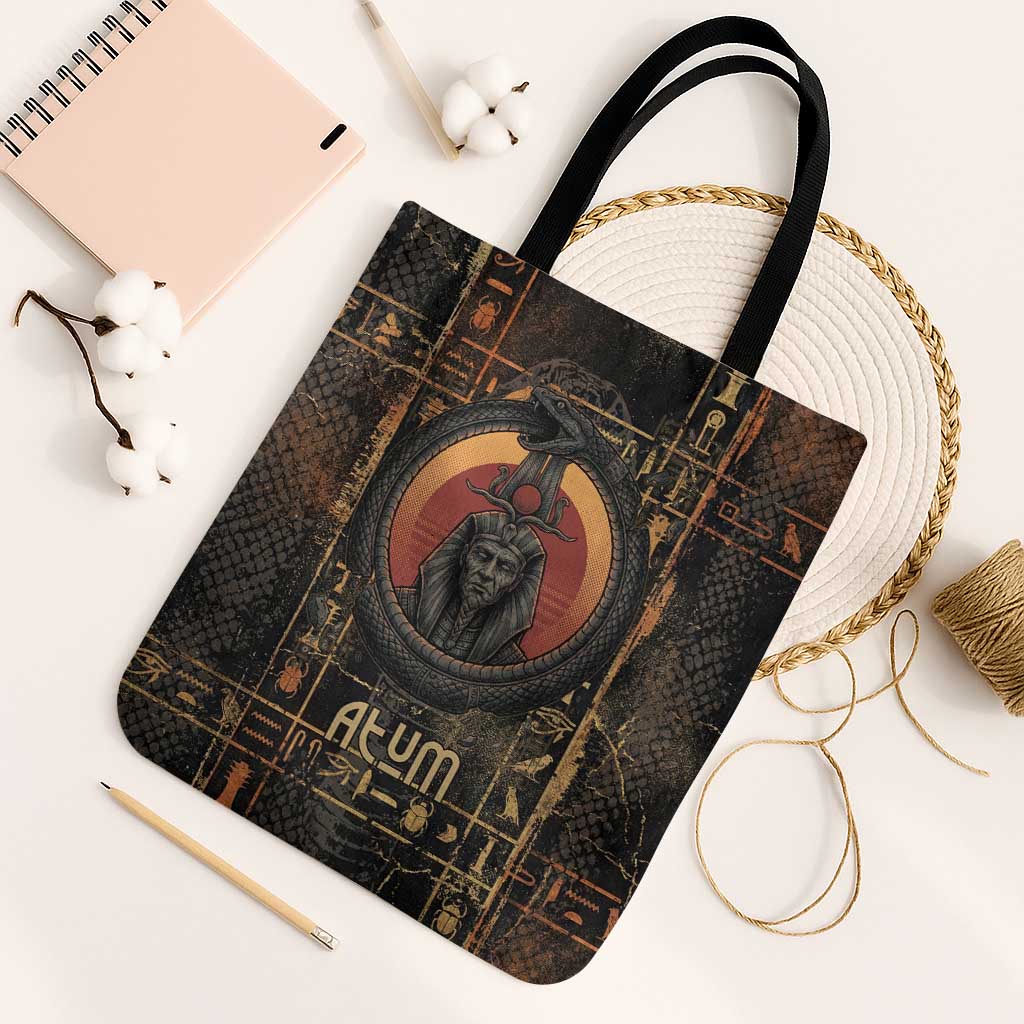 Atum Ancient Egyptian Tote Bag with Dark Hieroglyph Grid, Ouroboros Serpent Ring and The Final Serpent - African Pride