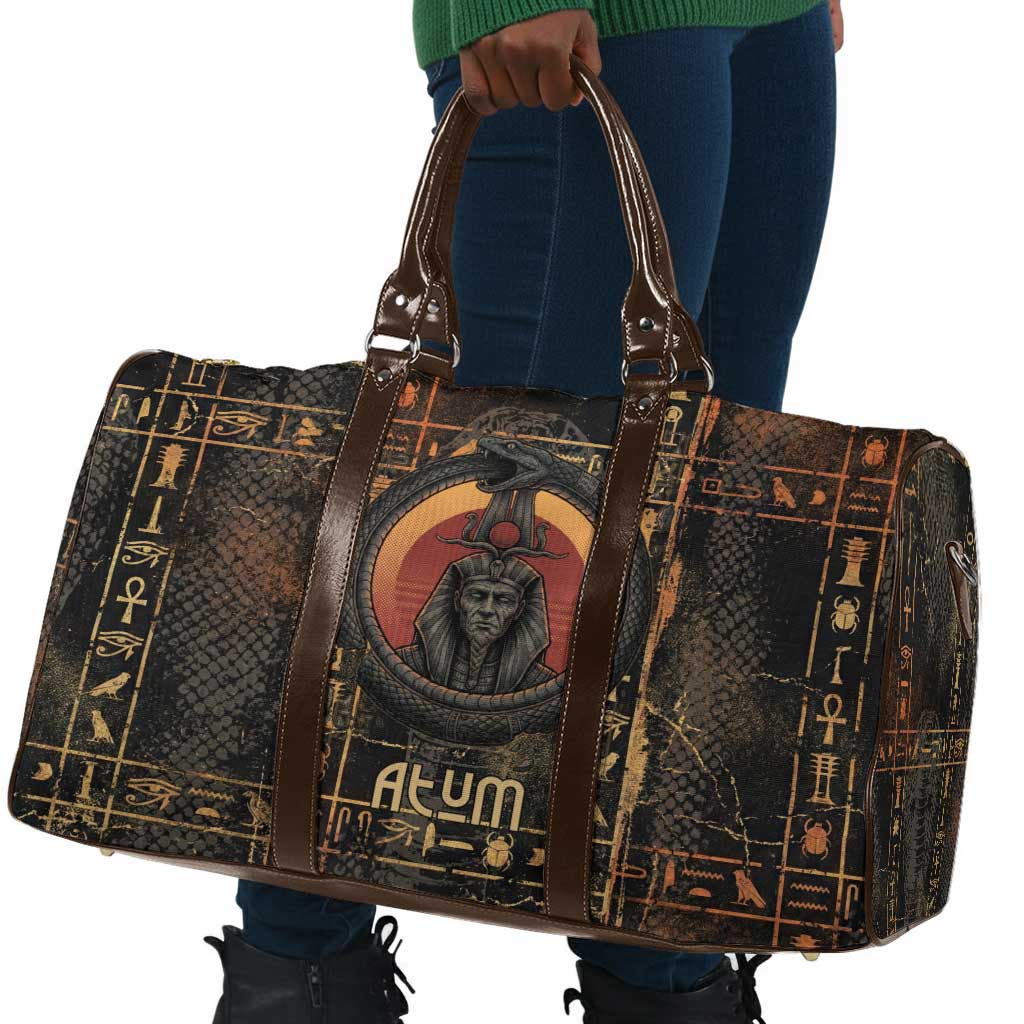 Atum Ancient Egyptian Travel Bag with Dark Hieroglyph Grid, Ouroboros Serpent Ring and The Final Serpent - African Pride