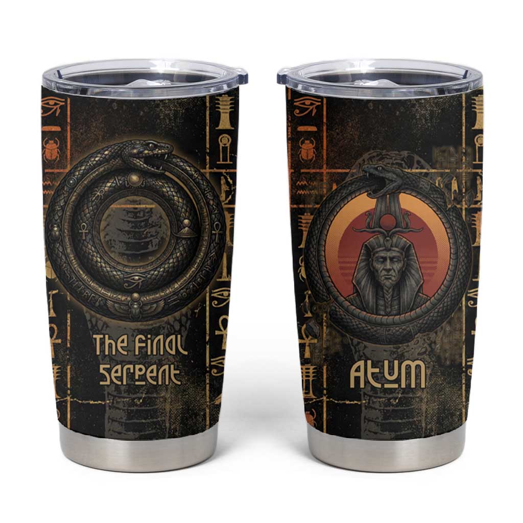 Atum Ancient Egyptian Tumbler Cup with Dark Hieroglyph Grid, Ouroboros Serpent Ring and The Final Serpent - African Pride