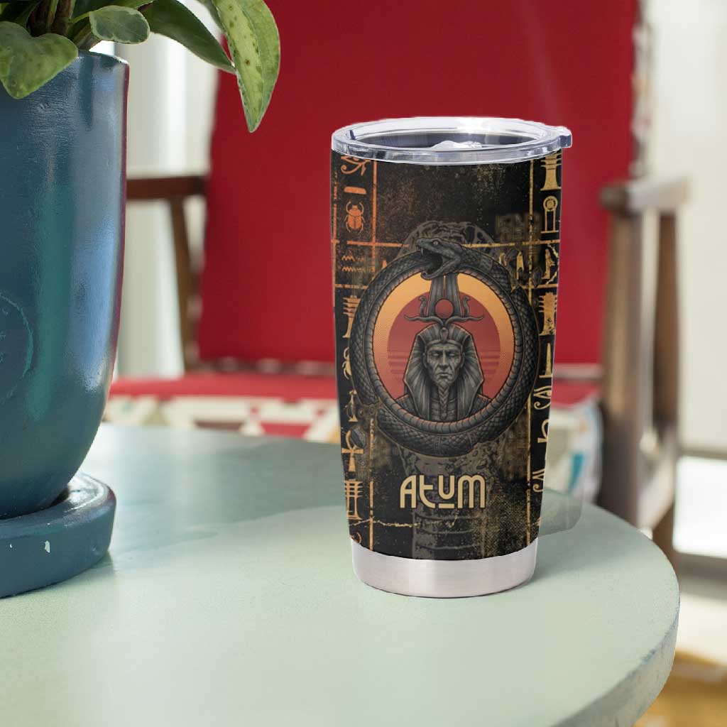 Atum Ancient Egyptian Tumbler Cup with Dark Hieroglyph Grid, Ouroboros Serpent Ring and The Final Serpent - African Pride