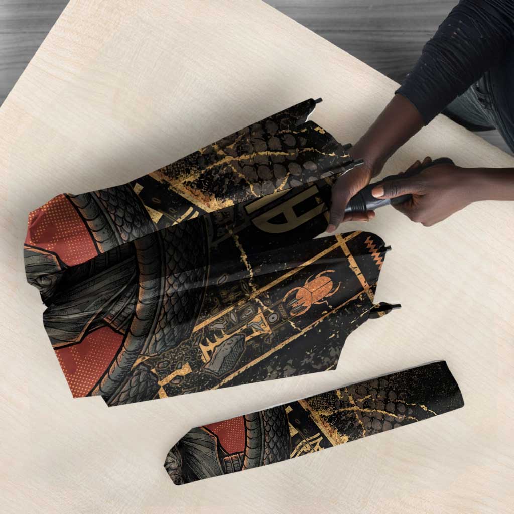 Atum Ancient Egyptian Umbrella with Dark Hieroglyph Grid, Ouroboros Serpent Ring and The Final Serpent - African Pride