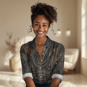 Atum Ancient Egyptian Women Casual Shirt with Dark Hieroglyph Grid, Ouroboros Serpent Ring and The Final Serpent - African Pride