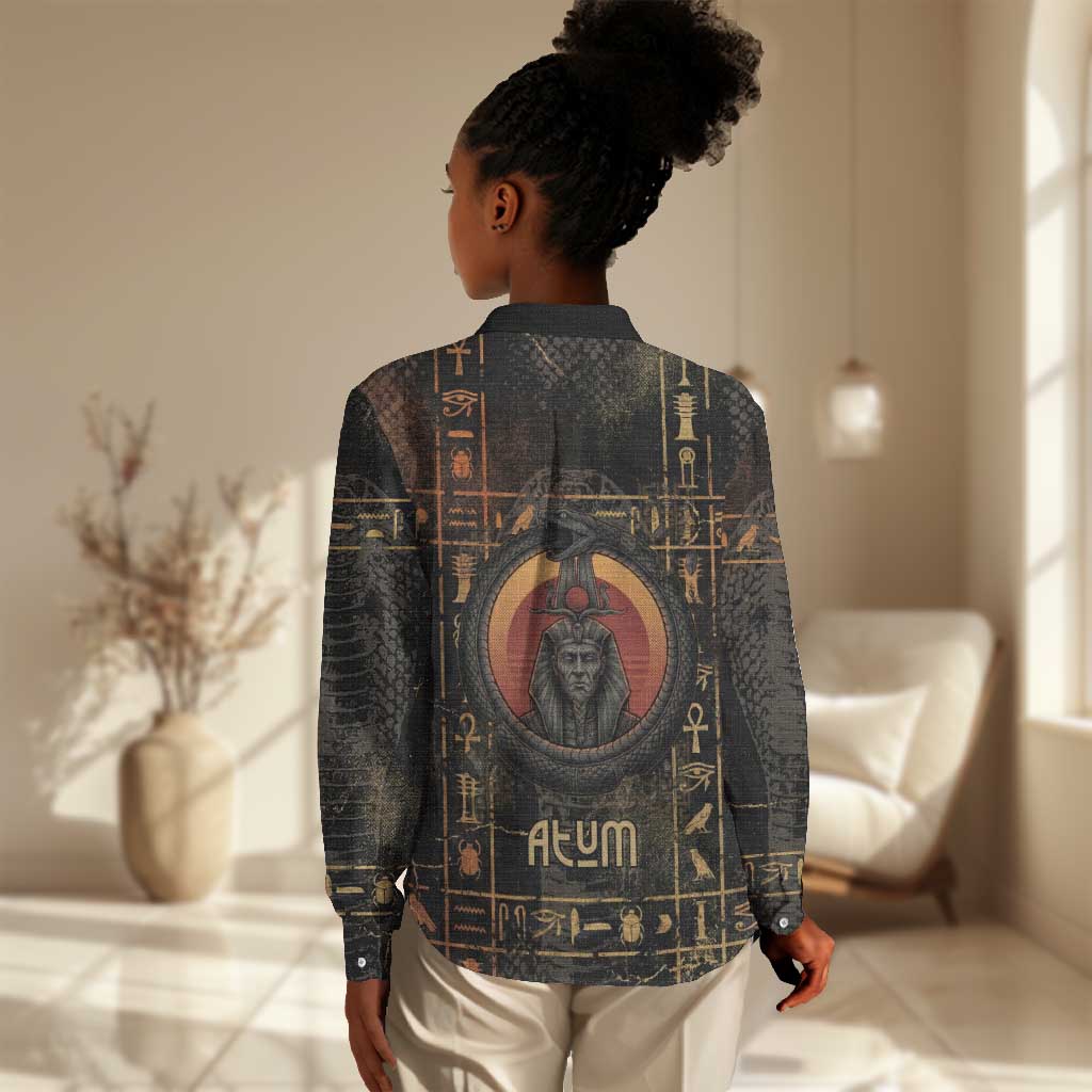 Atum Ancient Egyptian Women Casual Shirt with Dark Hieroglyph Grid, Ouroboros Serpent Ring and The Final Serpent - African Pride