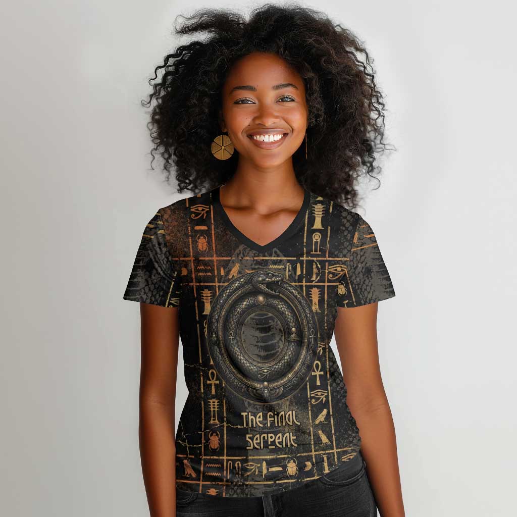 Atum Ancient Egyptian Women V-Neck T-Shirt with Dark Hieroglyph Grid, Ouroboros Serpent Ring and The Final Serpent - African Pride