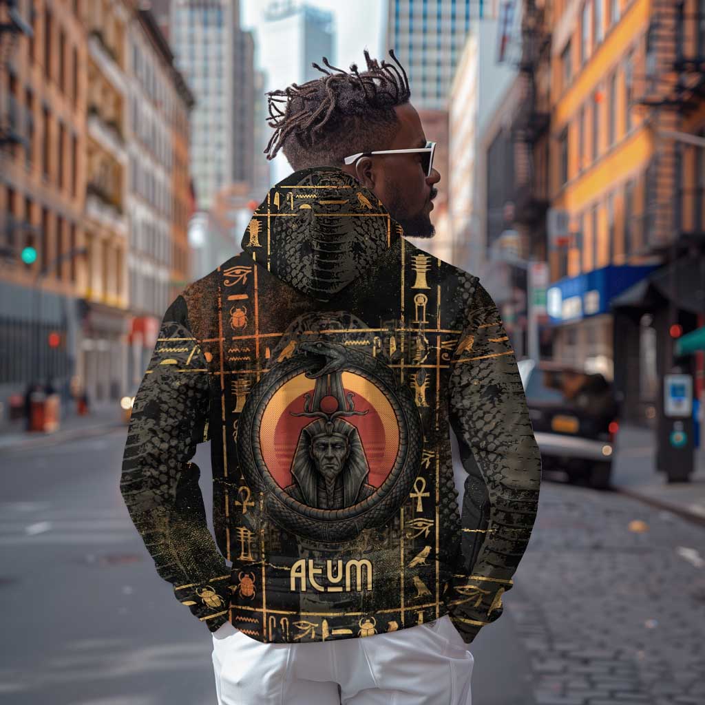 Atum Ancient Egyptian Zip Hoodie with Dark Hieroglyph Grid, Ouroboros Serpent Ring and The Final Serpent - African Pride