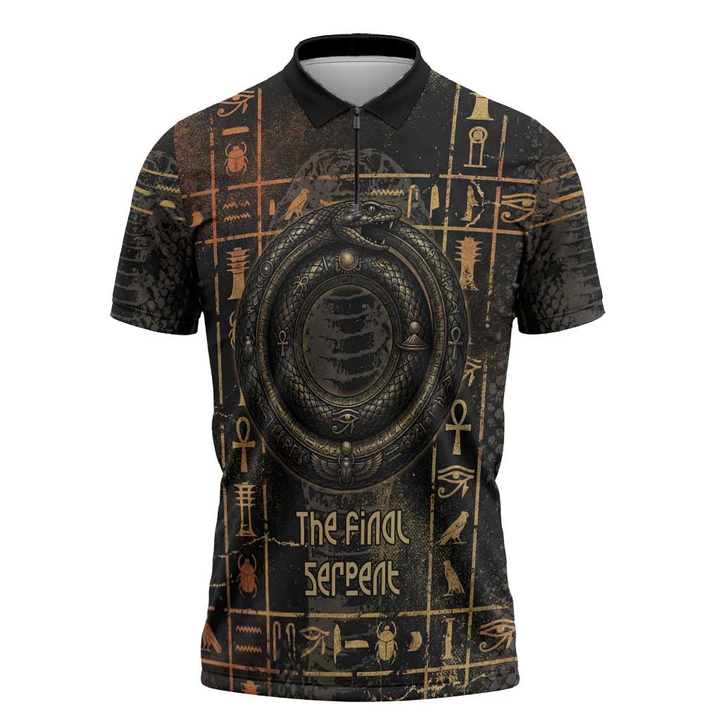 Atum Ancient Egyptian Zipper Polo Shirt with Dark Hieroglyph Grid, Ouroboros Serpent Ring and The Final Serpent - African Pride