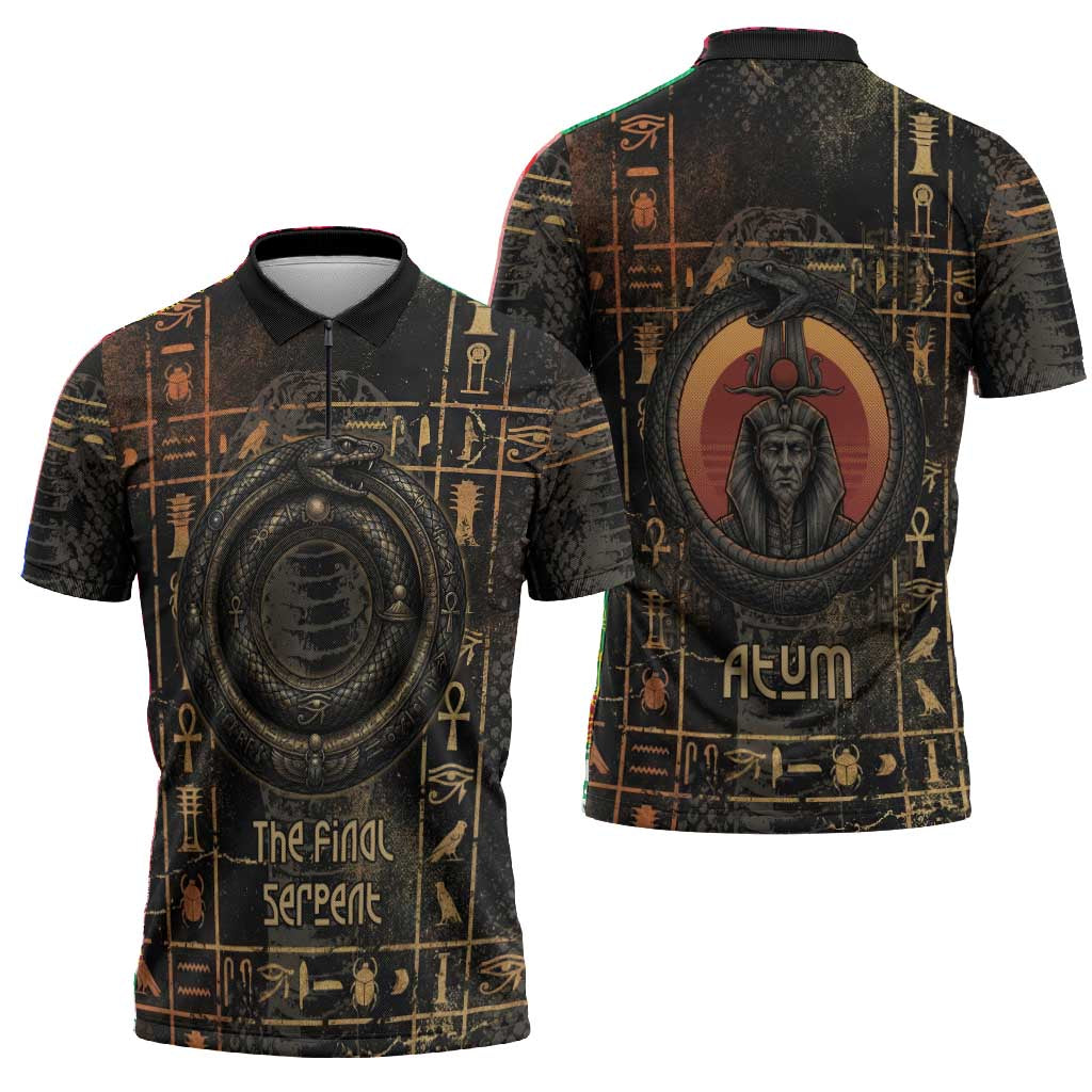 Atum Ancient Egyptian Zipper Polo Shirt with Dark Hieroglyph Grid, Ouroboros Serpent Ring and The Final Serpent - African Pride