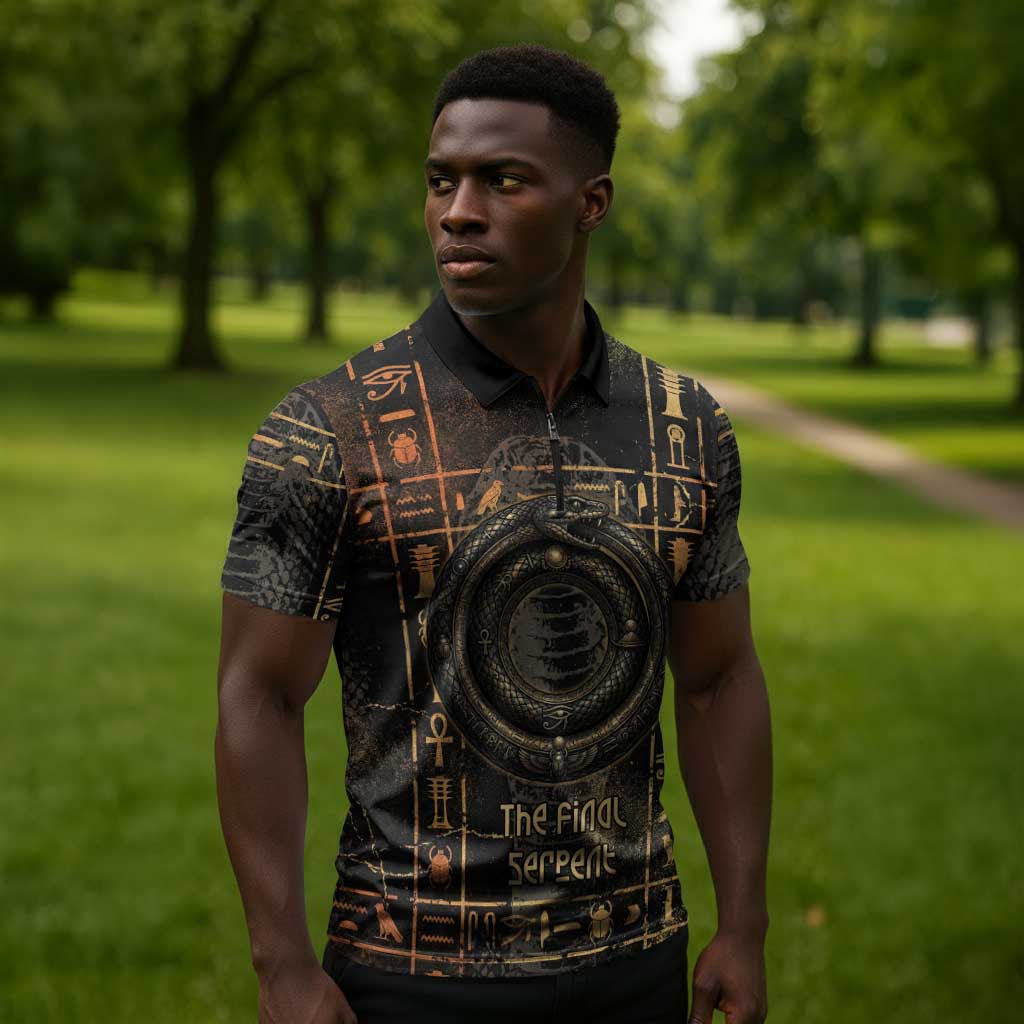 Atum Ancient Egyptian Zipper Polo Shirt with Dark Hieroglyph Grid, Ouroboros Serpent Ring and The Final Serpent - African Pride