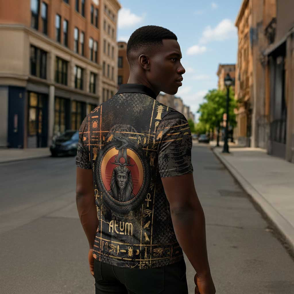 Atum Ancient Egyptian Zipper Polo Shirt with Dark Hieroglyph Grid, Ouroboros Serpent Ring and The Final Serpent - African Pride