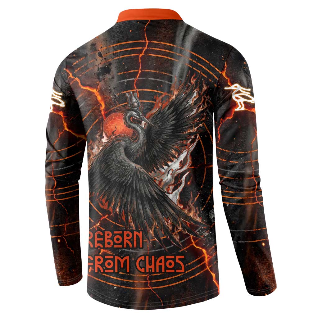 Bennu Button Sweatshirt Ancient Egyptian Lava Crack Texture, Phoenix Firebird and Reborn from Chaos