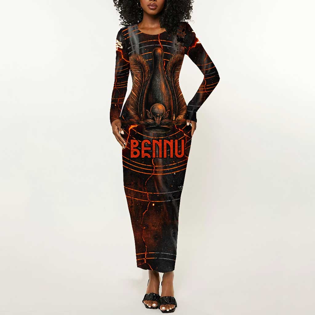 Bennu Long Sleeve Bodycon Dress Ancient Egyptian Lava Crack Texture, Phoenix Firebird and Reborn from Chaos - African Pride