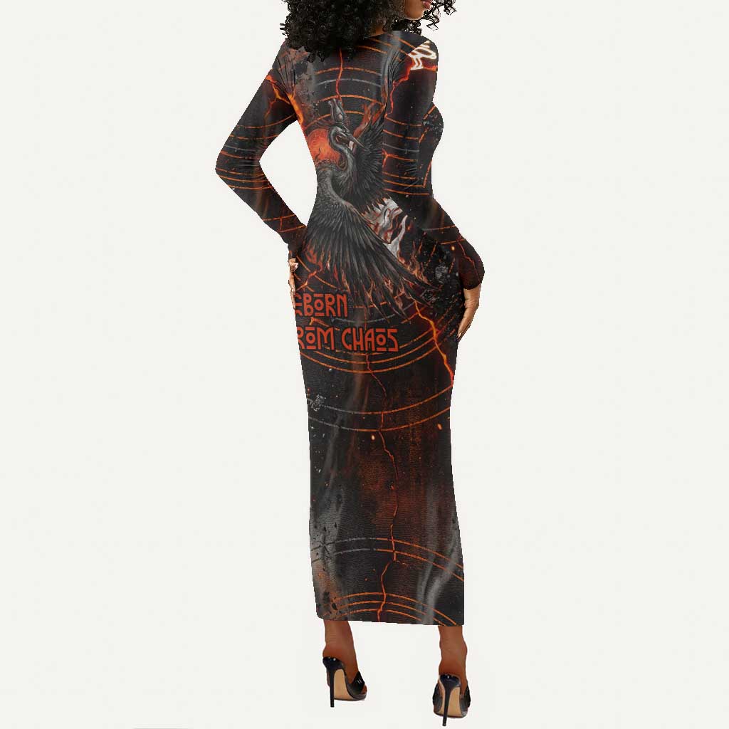 Bennu Long Sleeve Bodycon Dress Ancient Egyptian Lava Crack Texture, Phoenix Firebird and Reborn from Chaos - African Pride