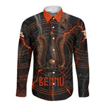 Bennu Long Sleeve Button Shirt Ancient Egyptian Lava Crack Texture, Phoenix Firebird and Reborn from Chaos - African Pride