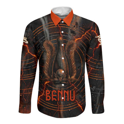 Bennu Long Sleeve Button Shirt Ancient Egyptian Lava Crack Texture, Phoenix Firebird and Reborn from Chaos - African Pride