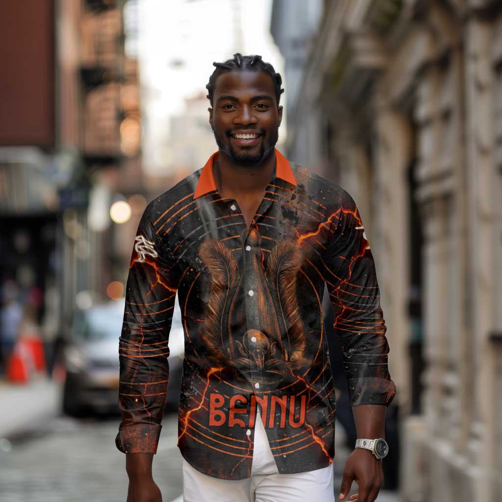 Bennu Long Sleeve Button Shirt Ancient Egyptian Lava Crack Texture, Phoenix Firebird and Reborn from Chaos - African Pride