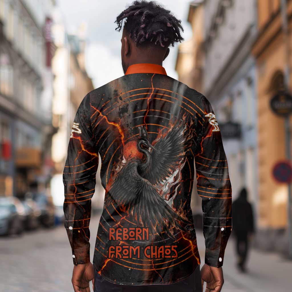 Bennu Long Sleeve Button Shirt Ancient Egyptian Lava Crack Texture, Phoenix Firebird and Reborn from Chaos - African Pride