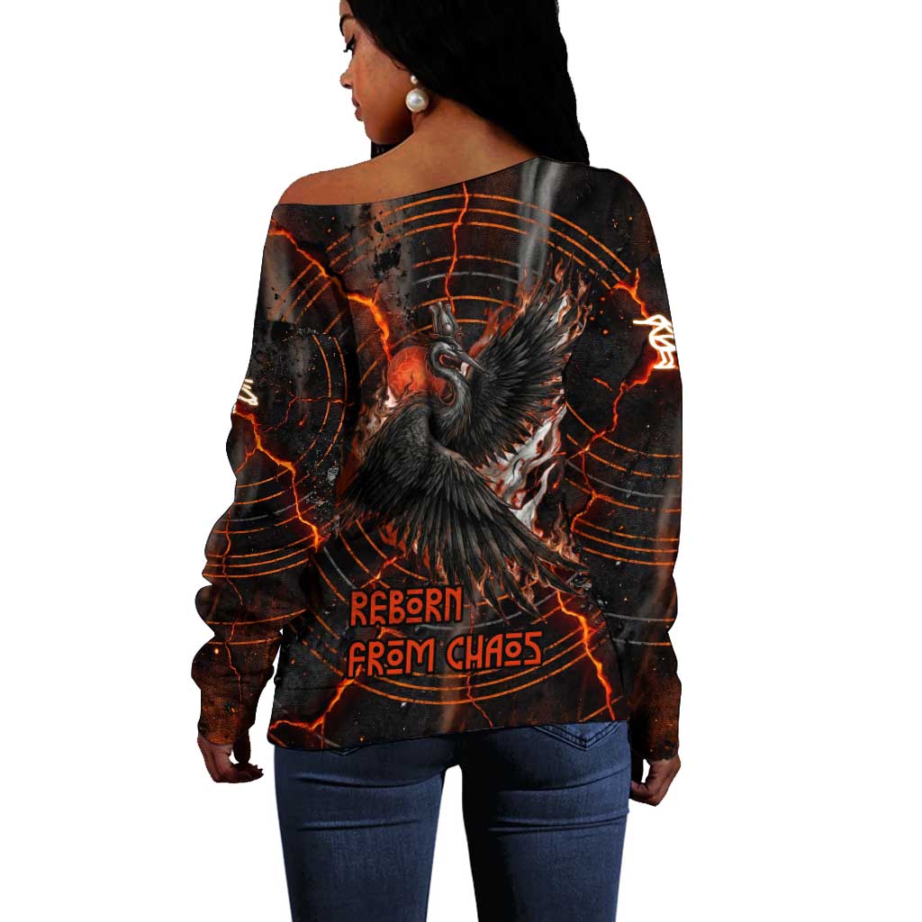 Bennu Off Shoulder Sweater Ancient Egyptian Lava Crack Texture, Phoenix Firebird and Reborn from Chaos - African Pride