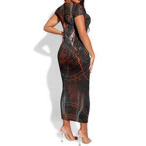 Bennu Short Sleeve Bodycon Dress Ancient Egyptian Lava Crack Texture, Phoenix Firebird and Reborn from Chaos - African Pride