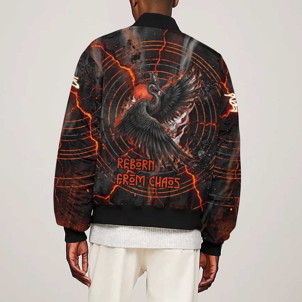 Bennu Sleeve Zip Bomber Jacket Ancient Egyptian Lava Crack Texture, Phoenix Firebird and Reborn from Chaos - African Pride