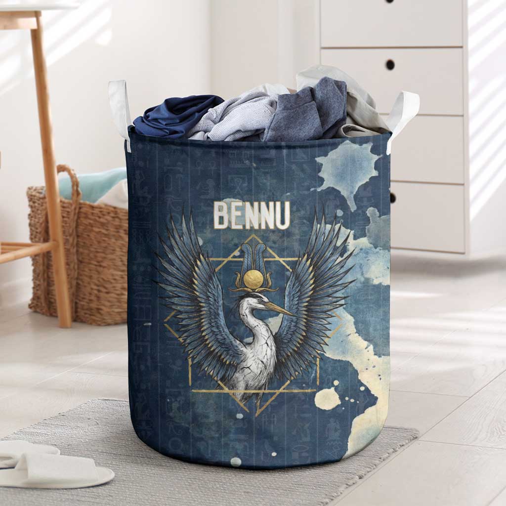 Bennu Ancient Egyptian Laundry Basket with Deep Blue Ink Wash, Winged Bennu Bird and Soul of Ra - African Pride