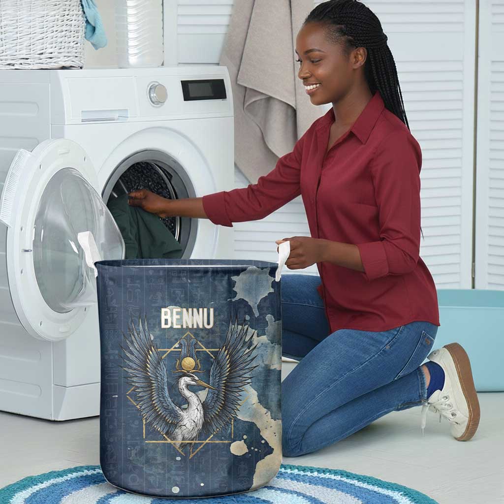 Bennu Ancient Egyptian Laundry Basket with Deep Blue Ink Wash, Winged Bennu Bird and Soul of Ra - African Pride