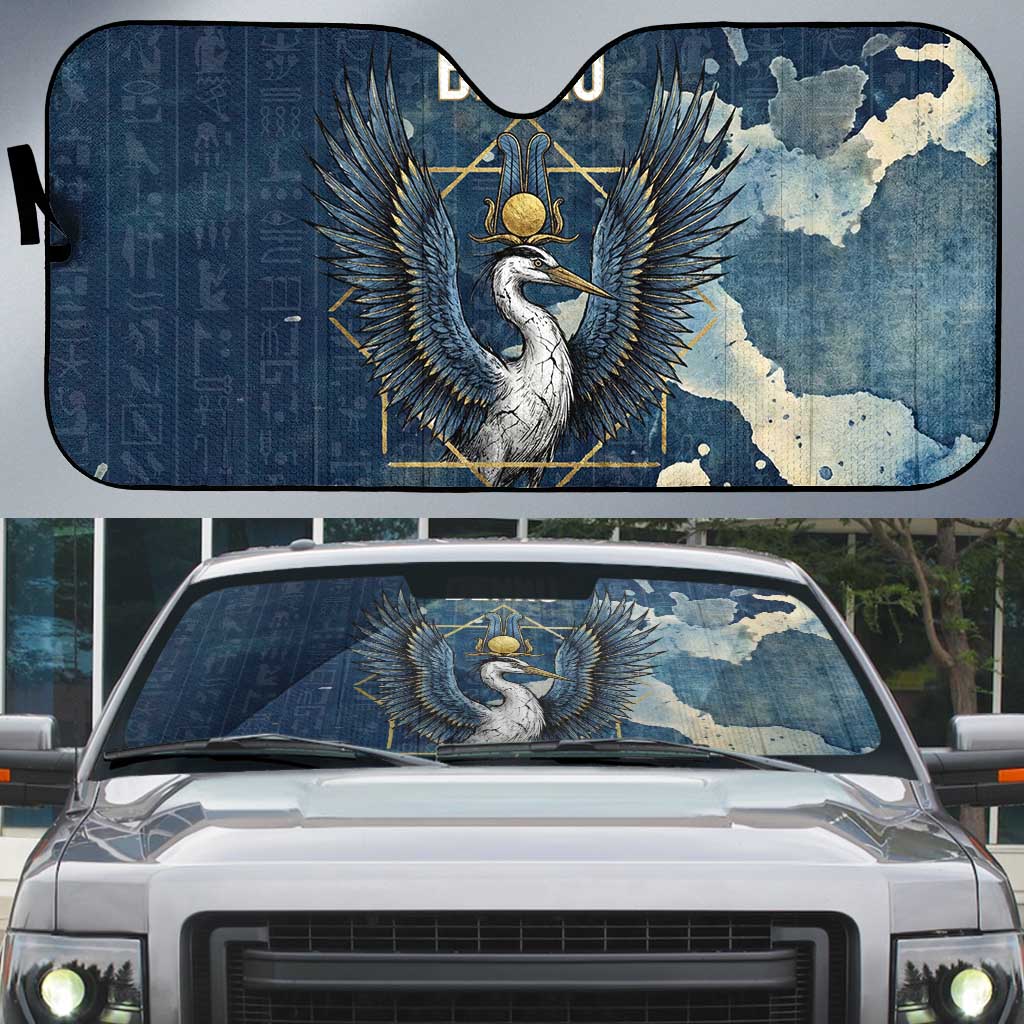 Bennu Ancient Egyptian Auto Sun Shade with Deep Blue Ink Wash, Winged Bennu Bird and Soul of Ra - African Pride