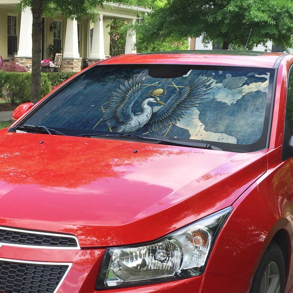 Bennu Ancient Egyptian Auto Sun Shade with Deep Blue Ink Wash, Winged Bennu Bird and Soul of Ra - African Pride