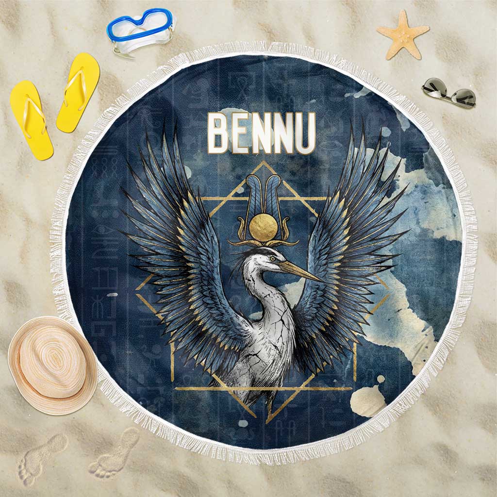 Bennu Ancient Egyptian Beach Blanket with Deep Blue Ink Wash, Winged Bennu Bird and Soul of Ra - African Pride