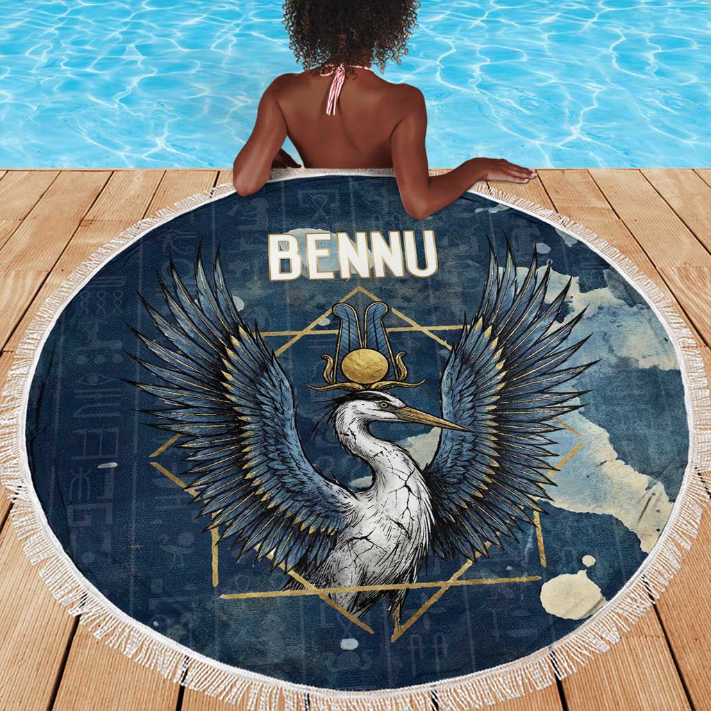 Bennu Ancient Egyptian Beach Blanket with Deep Blue Ink Wash, Winged Bennu Bird and Soul of Ra - African Pride