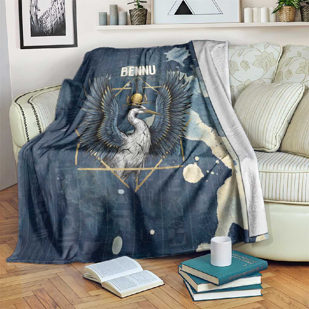 Bennu Ancient Egyptian Blanket with Deep Blue Ink Wash, Winged Bennu Bird and Soul of Ra - African Pride