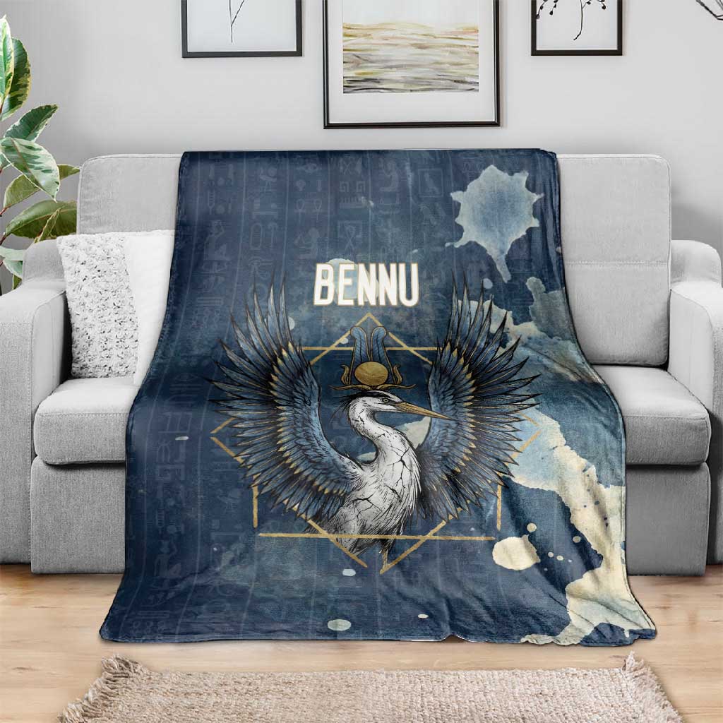 Bennu Ancient Egyptian Blanket with Deep Blue Ink Wash, Winged Bennu Bird and Soul of Ra - African Pride
