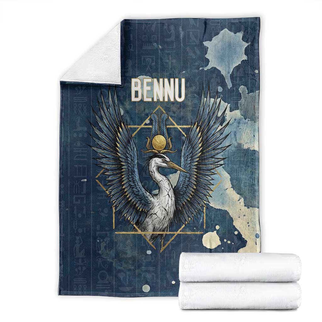 Bennu Ancient Egyptian Blanket with Deep Blue Ink Wash, Winged Bennu Bird and Soul of Ra - African Pride