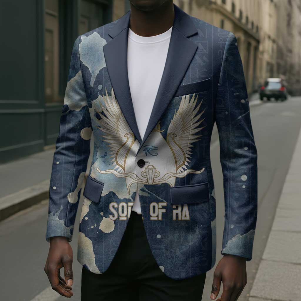 Bennu Ancient Egyptian Blazer with Deep Blue Ink Wash, Winged Bennu Bird and Soul of Ra - African Pride