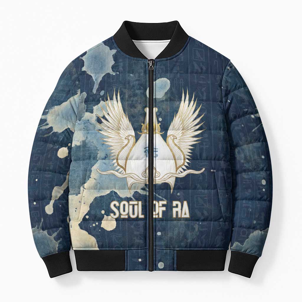 Bennu Ancient Egyptian Bomber Puffer Jacket with Deep Blue Ink Wash, Winged Bennu Bird and Soul of Ra - African Pride