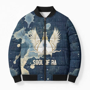 Bennu Ancient Egyptian Bomber Puffer Jacket with Deep Blue Ink Wash, Winged Bennu Bird and Soul of Ra - African Pride