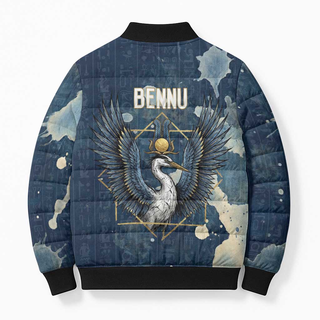 Bennu Ancient Egyptian Bomber Puffer Jacket with Deep Blue Ink Wash, Winged Bennu Bird and Soul of Ra - African Pride